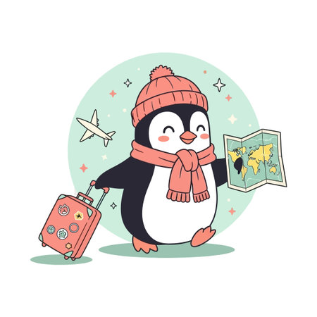 Adorable penguin ready for travel adventure with luggage and mapのイラスト素材