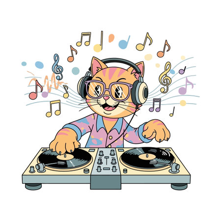 Funny cat DJ spinning records with music notesのイラスト素材