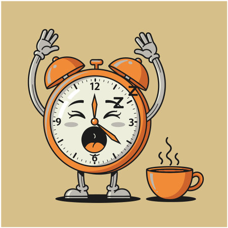 Cartoon alarm clock character needs coffeeのイラスト素材