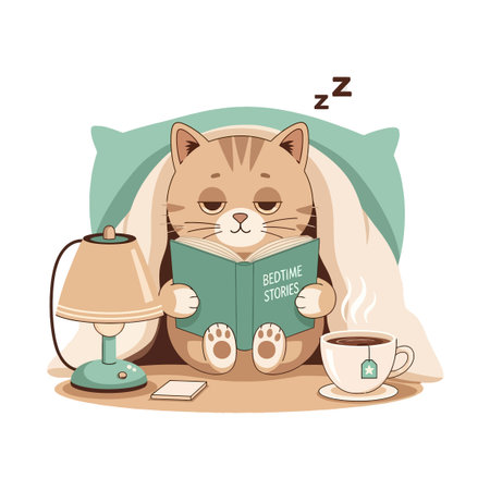 Cute cat reading bedtime stories before sleepのイラスト素材