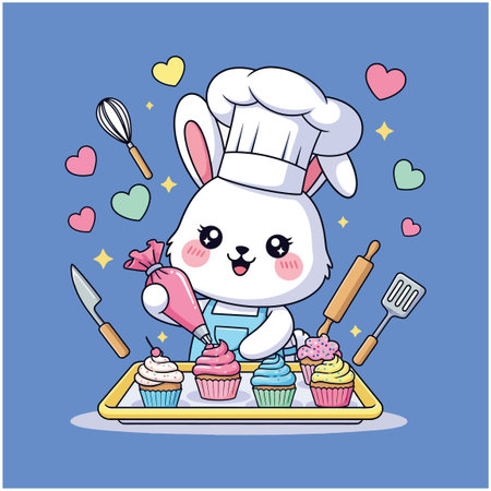 Cute cartoon bunny decorating cupcakes with colorful frosting and sprinklesのイラスト素材
