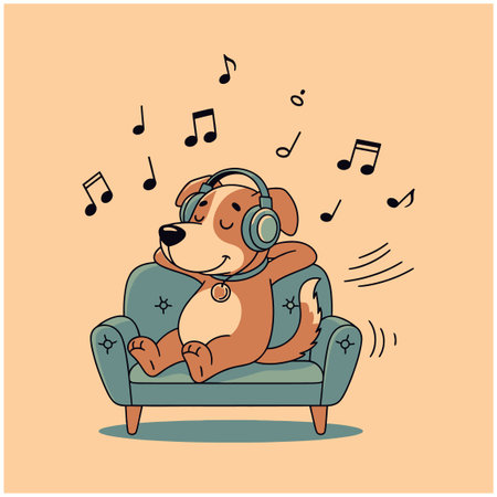 Cute dog wearing headphones relaxing on sofa with music notesのイラスト素材