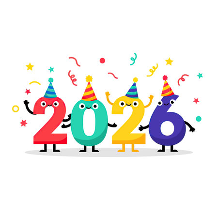 Happy New Year 2026 Celebration Cartoon Illustrationのイラスト素材