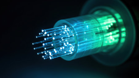 optical fibres dinamic flying from deep on technology cable background