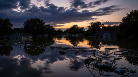 Sunset over a lake with reflections in the water and houses in the background