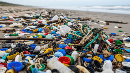 Plastic waste on the beach of the Baltic Sea in Poland.