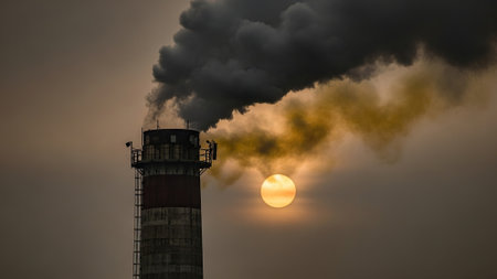 Smoke from the chimney of a power plant against the setting sun