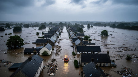 Aerial view of a flood in the town of Bruges, Belgium