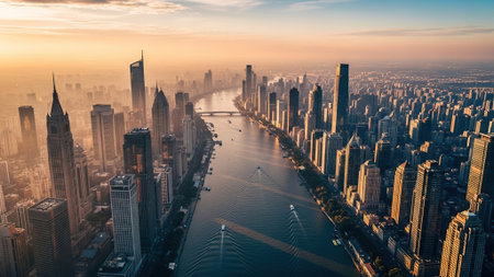 Shanghai skyline at sunrise, China. Panoramic view.の写真素材