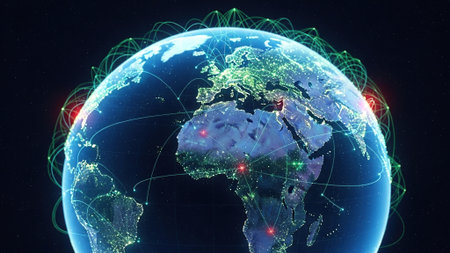 Canada from space on planet Earth with international network representing communication, travel and...