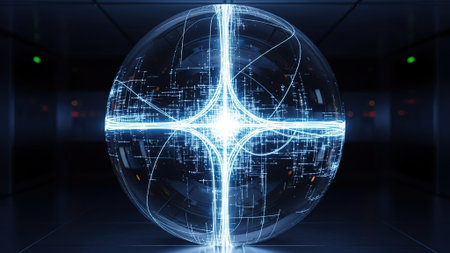 Futuristic sphere with glowing blue lines. 3D Rendering