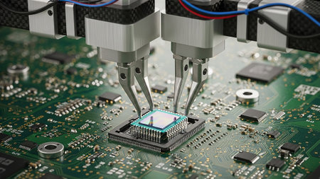 3d illustration of printed circuit board with electronic components, closeup