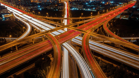 Aerial view of the road junction in Shanghai, China. Highway interchange overpass.