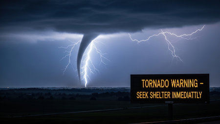 Conceptual image of a tornado approaching a road sign.