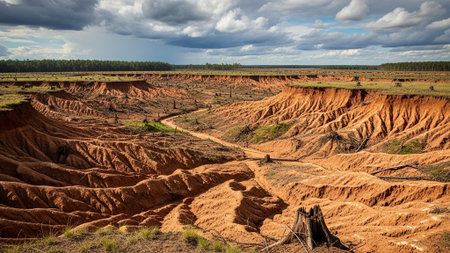 Panoramic view of the landscape of the red clay soil.