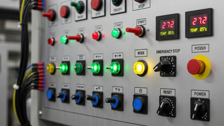 Close-up of control panel of industrial equipment. Selective focus.