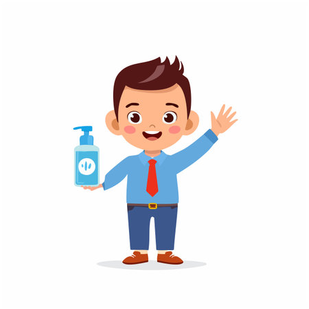 Cute little boy with hand sanitizer. Vector flat cartoon character illustrationのイラスト素材