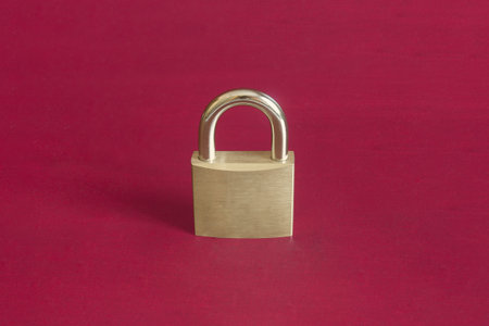 Two golden keys are joined by a metal ring on a colorful studio background. Security and guarantee concept.の写真素材
