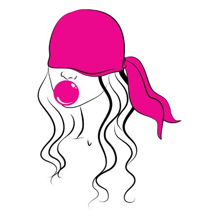 girl chewing bubble gum with bandana on her eyes line workのイラスト素材