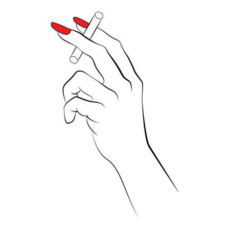 Hand holding cigarette with two fingers and red nails , line drawing vector illustrationのイラスト素材