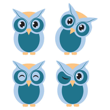 set of blue cute owl cartoon vector illustration with 4 emoticon facesのイラスト素材