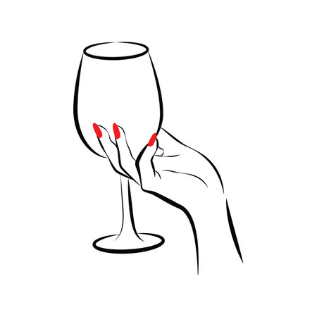woman hand with red nails holding wine glass , black line drawingのイラスト素材