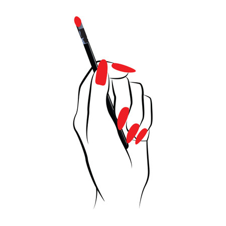 women hand holding a brash , vector line illustration drawing , with red nails .のイラスト素材