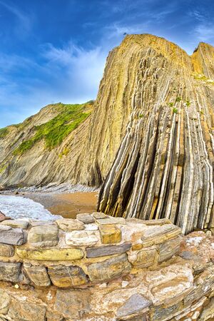 Steeply-tilted Layers of Flysch, Flysch Cliffs, Basque Coast Global Geopark, European Geopark Network, Zumaia, Guipï¿½zcoa, Basque Country, Spain, Europeの写真素材