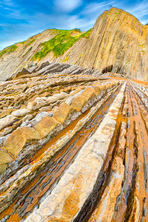 Steeply Tilted Layers of Flysch, Flysch Cliffs, Basque Coast Global Geopark, European Geopark Network, Zumaia, Guipuzcoa, Basque Country, Spain, Europeの写真素材