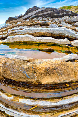 Steeply-tilted Layers of Flysch, Flysch Cliffs, Basque Coast UNESCO Global Geopark, European Geopark Network, Zumaia, GuipÃºzcoa, Basque Country, Spain, Europeのeditorial素材