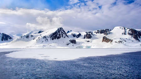 Sea Ice and Snowcapped Mountains, Albert I Land, Arctic, Spitsbergen, Svalbard, Norway, Europe