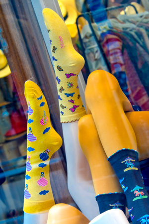 Fashion Shop Window with Yellow Decorated Socksの写真素材