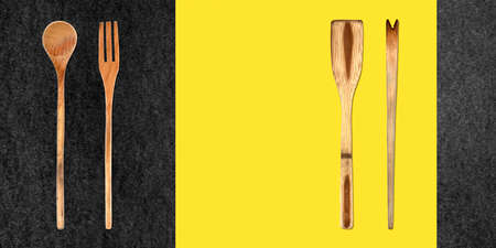 Topview of Set Cooking Wooden Utensils on Colored Backgroundの写真素材