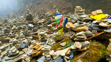 River Stacked Stones, Mountain Forest Footpath, Trek to Annapurna Base Camp, Annapurna Conservation Area, Himalayas, Nepal, Asiaの写真素材