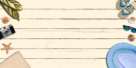 Topview Beach Accessories Background on White Wood