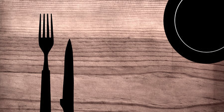 Topview of Set of Plate, Fork and Knife Silhouette on Table Background
