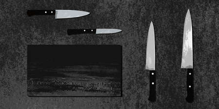 Topview of Cooking Knives and Cutting Board on Dark Background
