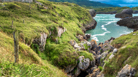 Grass Meadows and Cliffs, Cantabrian Sea, Buelna, Llanes, Asturias, Spain, Europeの写真素材