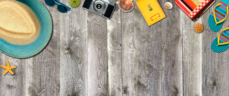 Topview Beach Accessories Background on Gray Woodの写真素材
