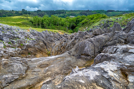 Natural Monument Complex of Cobijeru, Beach of Cobijeru, Beach of Las Acacias, Llanes, Asturias, Spain, Europeの写真素材