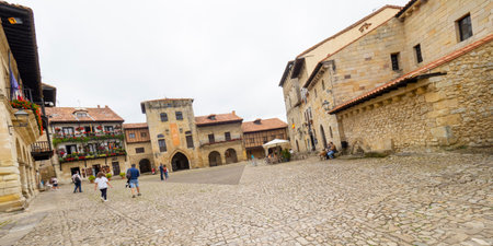 Main Square, Street Scene, Traditional Architecture, Historic Artistic Grouping, Santillana del Mar, Cantabria, Spain, Europeの写真素材