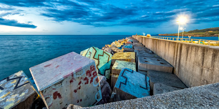 Cubes of Memory Groyne, Llanes Harbour, Asturias Green Coast, Llanes, Asturias, Spain, Europeの写真素材