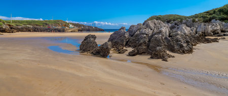 Coastline and cliffs, Palombina Beach, Protected Landscape of the Oriental Coast of Asturias, Celorio, Llanes, Asturias, Spain, Europeの写真素材