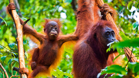 Orangutan, Pongo pygmaeus, Tanjung Puting National Park, Kalimantan, Borneo, Indonesiaの写真素材