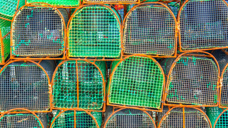 Seafood Pots, Artisanal Fisheries, Fishing Port, Cudillero, Fishing Village, Cantabrian Sea, Principality of Asturias, Spain, Europeの写真素材
