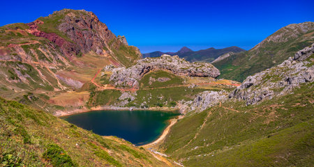 Lake of La Cueva, Circular Route of Lagos de Saliencia, Somiedo Natural Park, Principality of Asturias, Spain, Europeの写真素材