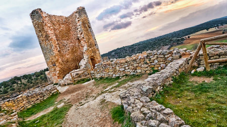 Castle Ruins, Tribute Tower, 14th century, CalataÃ±azor, Medieval Town, Soria, Castilla y LeÃ³n, Spain, Europeの写真素材