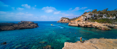 Cala S'Almunia, SantanyÃ­, Mediterranean Sea, Mallorca, Balearic Islands, Spain, Europeの写真素材