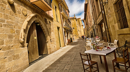 Traditional Architecture, Street Scene, Santo Domingo de la Calzada, Camino de Santiago, St. James Way, Road to Santiago, La Rioja, Spain, Europeの写真素材