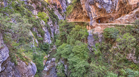 Ruta del Cares, Cares Trail Trekking Path, Picos de Europa National Park, Biosphere Reserve, Cantabrian Mountains, Castile and Leon-Asturias, Spain, Europeの写真素材
